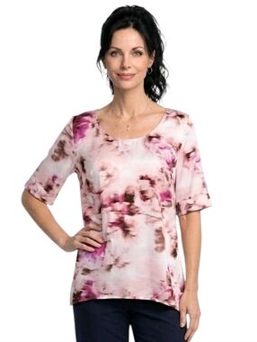 Jennifer Lopez Pink Riviera Chic Rose Bouquet  Roll Tab Sleeve  Blouse Size M